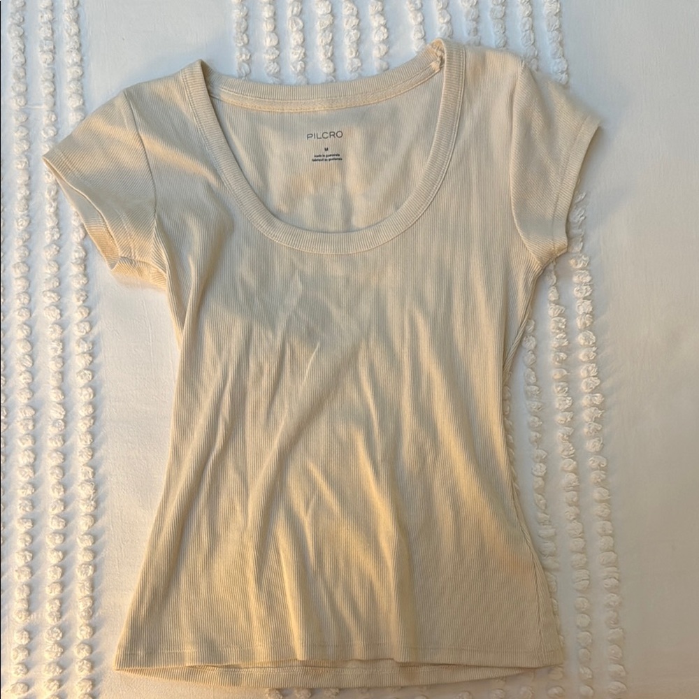 Pilcro Anthropologie Cream Ribbed Cap Sleeve Tee